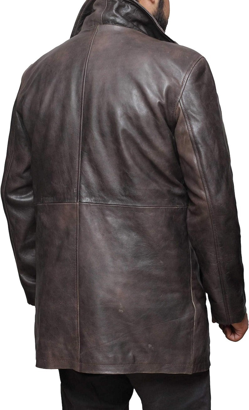 Men’s Dark Brown Leather Coat Jacket with Button Closure